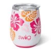 Swig Island Bloom Stainless Steel Stemless Wine Glass, 14 Oz. -Decor Home Shop Tropical Flowers Insulated Stemless Wine Glass S102C14PI 01