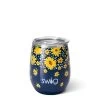 Swig Lazy Daisy Stainless Steel Stemless Wine Glass, 14 Oz. -Decor Home Shop Yellow Daisies on Blue Insulated Wine Cup With Lid S102C14LD 01